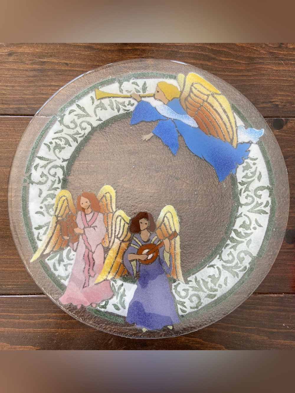 Signed Peggy Karr Fused Art Glass Heavenly Angels Christmas Plate